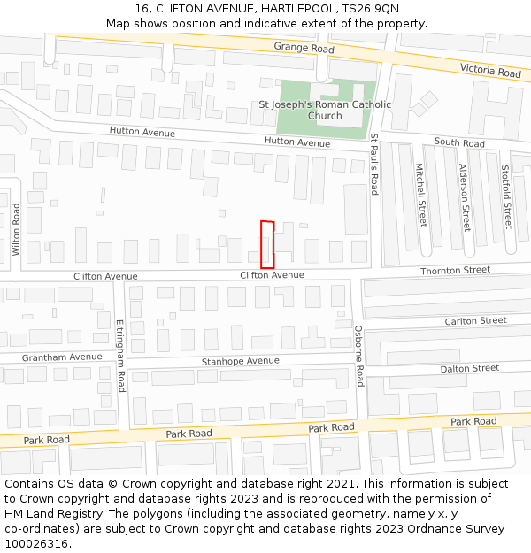 16, CLIFTON AVENUE, HARTLEPOOL, TS26 9QN: Location map and indicative extent of plot