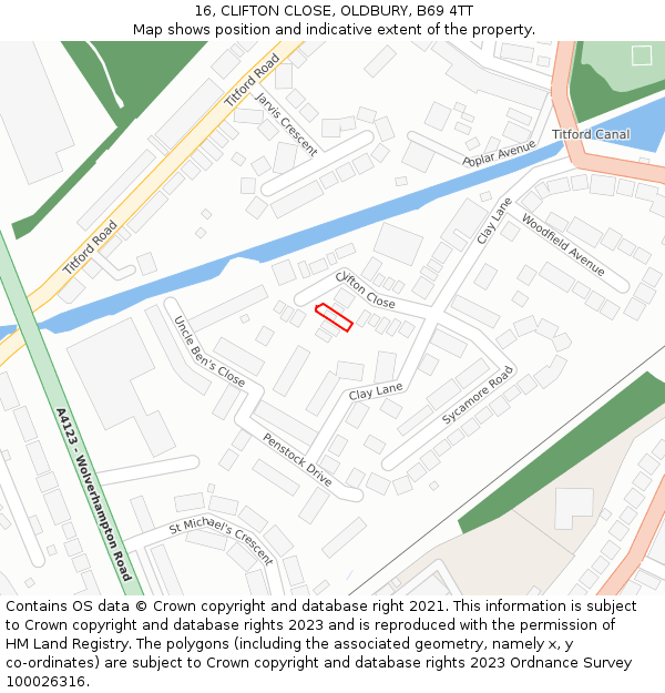 16, CLIFTON CLOSE, OLDBURY, B69 4TT: Location map and indicative extent of plot