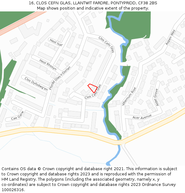 16, CLOS CEFN GLAS, LLANTWIT FARDRE, PONTYPRIDD, CF38 2BS: Location map and indicative extent of plot