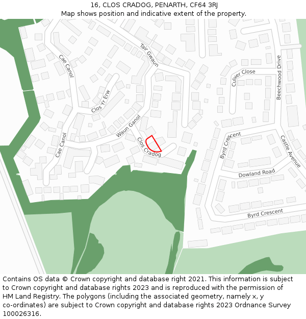 16, CLOS CRADOG, PENARTH, CF64 3RJ: Location map and indicative extent of plot