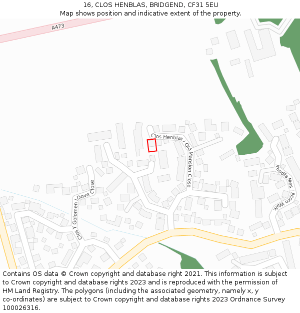 16, CLOS HENBLAS, BRIDGEND, CF31 5EU: Location map and indicative extent of plot