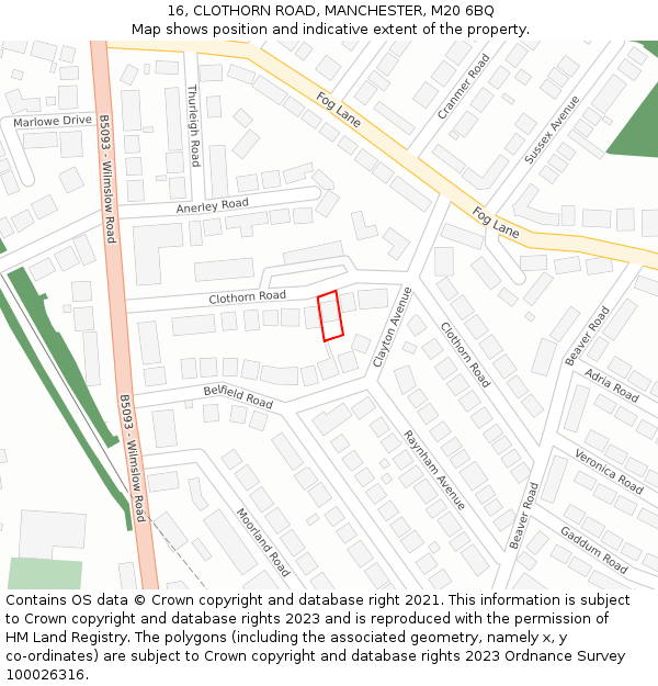 16, CLOTHORN ROAD, MANCHESTER, M20 6BQ: Location map and indicative extent of plot