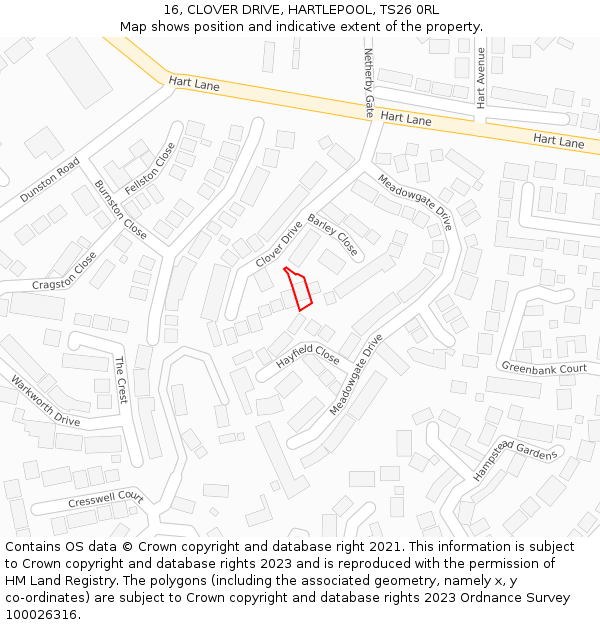 16, CLOVER DRIVE, HARTLEPOOL, TS26 0RL: Location map and indicative extent of plot