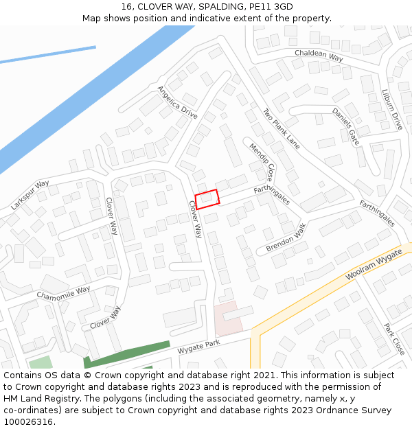 16, CLOVER WAY, SPALDING, PE11 3GD: Location map and indicative extent of plot