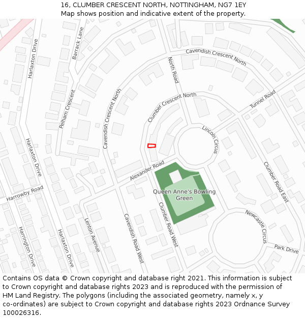 16, CLUMBER CRESCENT NORTH, NOTTINGHAM, NG7 1EY: Location map and indicative extent of plot