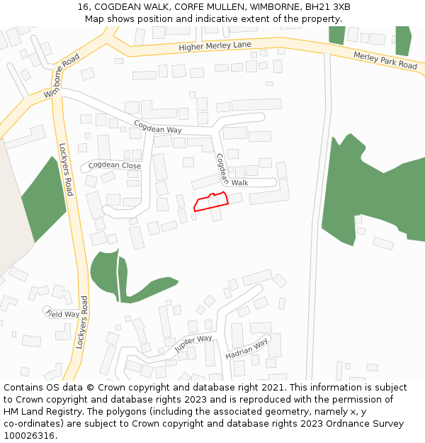 16, COGDEAN WALK, CORFE MULLEN, WIMBORNE, BH21 3XB: Location map and indicative extent of plot