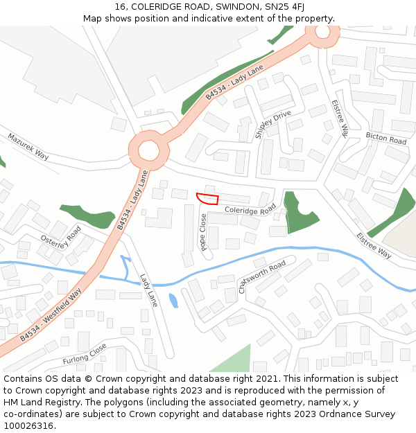 16, COLERIDGE ROAD, SWINDON, SN25 4FJ: Location map and indicative extent of plot
