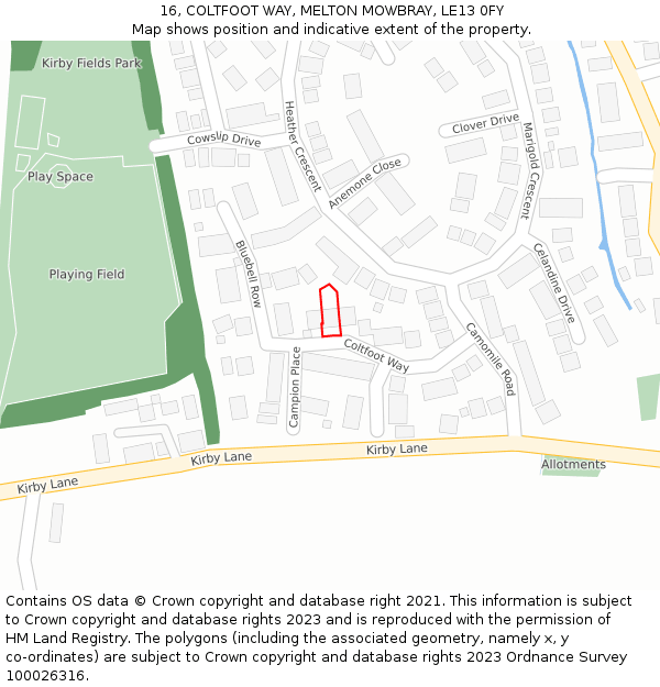 16, COLTFOOT WAY, MELTON MOWBRAY, LE13 0FY: Location map and indicative extent of plot