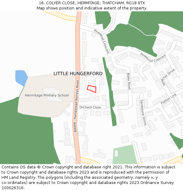 16, COLYER CLOSE, HERMITAGE, THATCHAM, RG18 9TX: Location map and indicative extent of plot