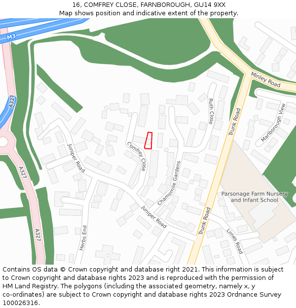 16, COMFREY CLOSE, FARNBOROUGH, GU14 9XX: Location map and indicative extent of plot