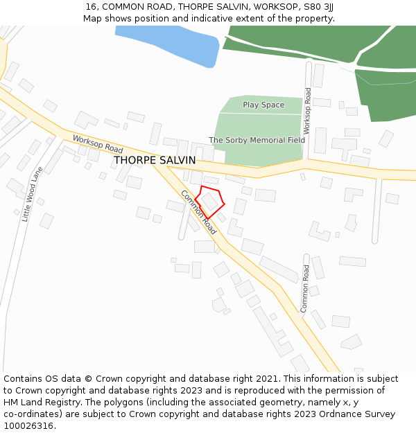 16, COMMON ROAD, THORPE SALVIN, WORKSOP, S80 3JJ: Location map and indicative extent of plot