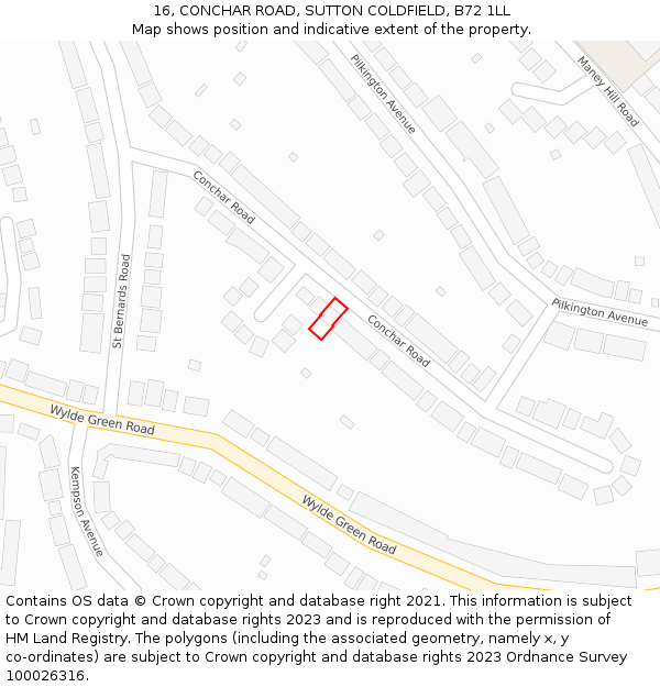 16, CONCHAR ROAD, SUTTON COLDFIELD, B72 1LL: Location map and indicative extent of plot