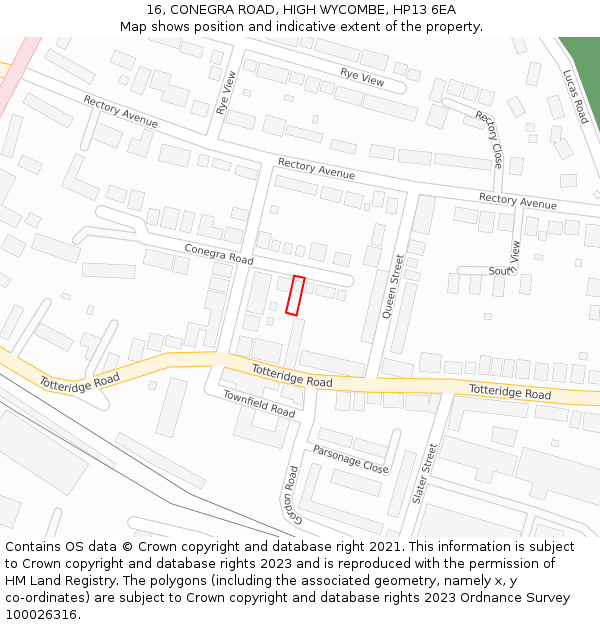 16, CONEGRA ROAD, HIGH WYCOMBE, HP13 6EA: Location map and indicative extent of plot