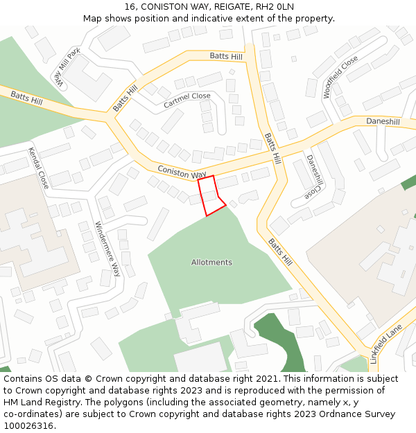 16, CONISTON WAY, REIGATE, RH2 0LN: Location map and indicative extent of plot