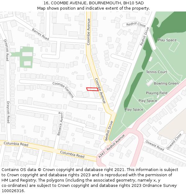 16, COOMBE AVENUE, BOURNEMOUTH, BH10 5AD: Location map and indicative extent of plot