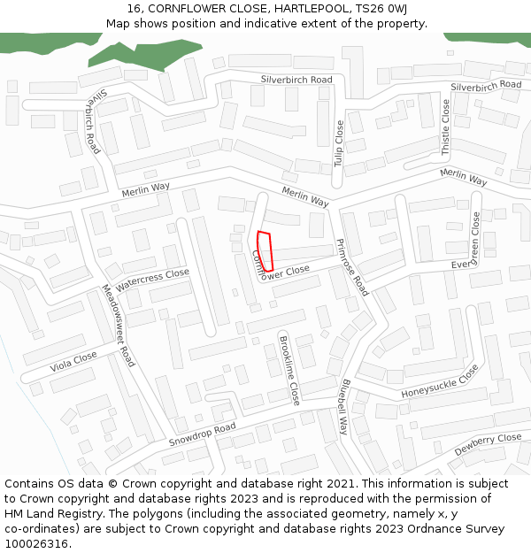 16, CORNFLOWER CLOSE, HARTLEPOOL, TS26 0WJ: Location map and indicative extent of plot