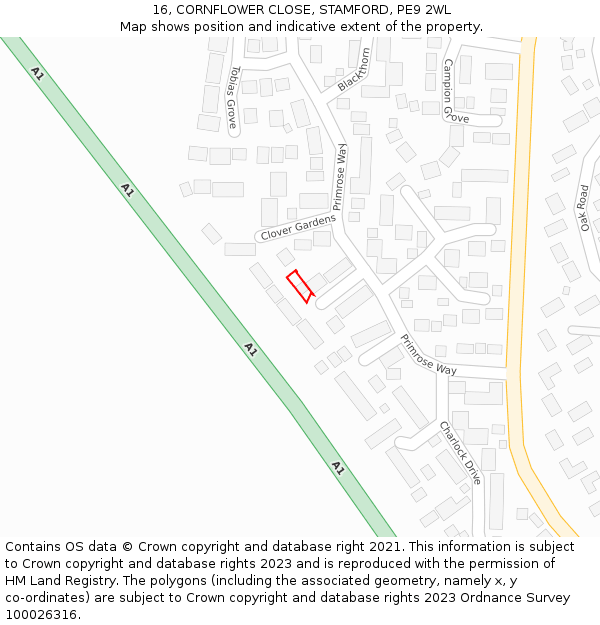 16, CORNFLOWER CLOSE, STAMFORD, PE9 2WL: Location map and indicative extent of plot