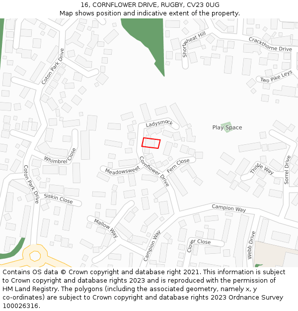 16, CORNFLOWER DRIVE, RUGBY, CV23 0UG: Location map and indicative extent of plot