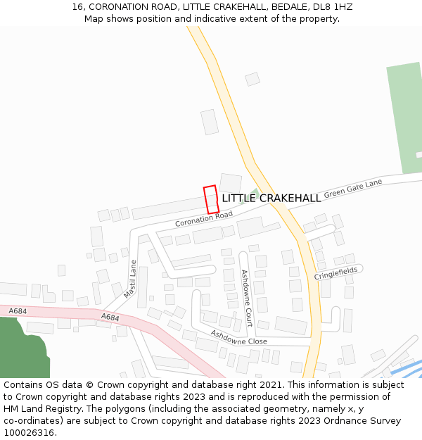 16, CORONATION ROAD, LITTLE CRAKEHALL, BEDALE, DL8 1HZ: Location map and indicative extent of plot