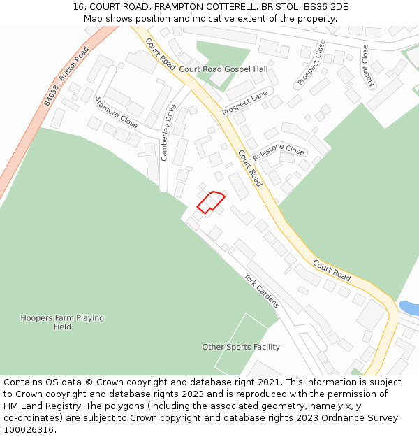 16, COURT ROAD, FRAMPTON COTTERELL, BRISTOL, BS36 2DE: Location map and indicative extent of plot