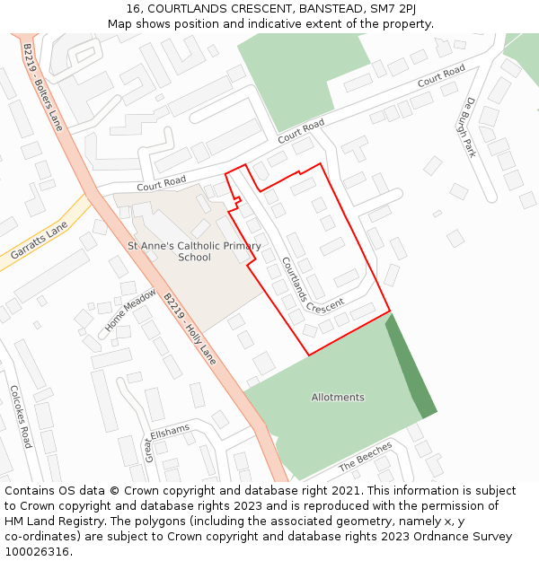 16, COURTLANDS CRESCENT, BANSTEAD, SM7 2PJ: Location map and indicative extent of plot