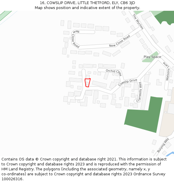 16, COWSLIP DRIVE, LITTLE THETFORD, ELY, CB6 3JD: Location map and indicative extent of plot