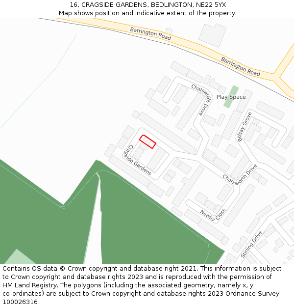 16, CRAGSIDE GARDENS, BEDLINGTON, NE22 5YX: Location map and indicative extent of plot