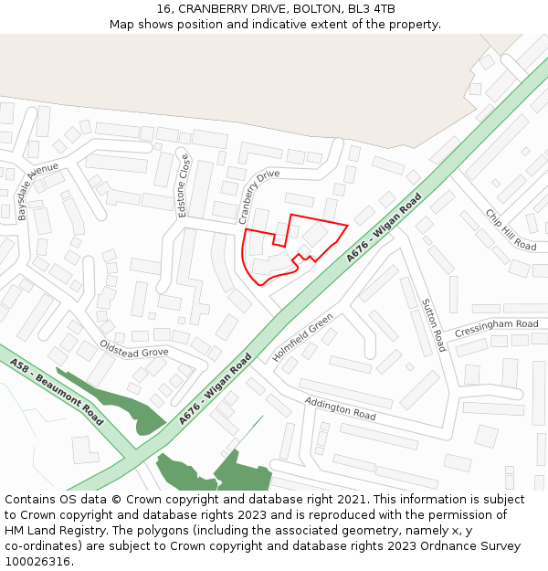 16, CRANBERRY DRIVE, BOLTON, BL3 4TB: Location map and indicative extent of plot