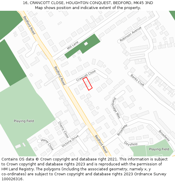 16, CRANCOTT CLOSE, HOUGHTON CONQUEST, BEDFORD, MK45 3ND: Location map and indicative extent of plot