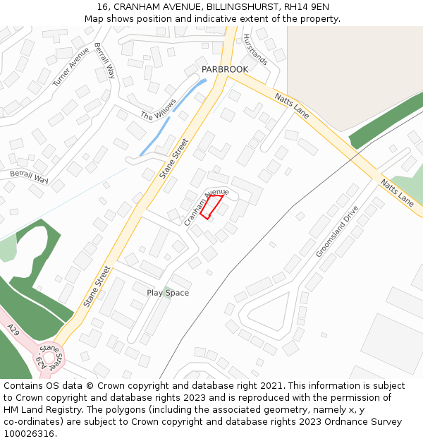 16, CRANHAM AVENUE, BILLINGSHURST, RH14 9EN: Location map and indicative extent of plot