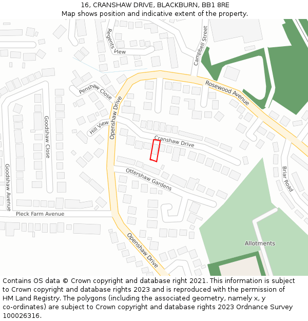 16, CRANSHAW DRIVE, BLACKBURN, BB1 8RE: Location map and indicative extent of plot
