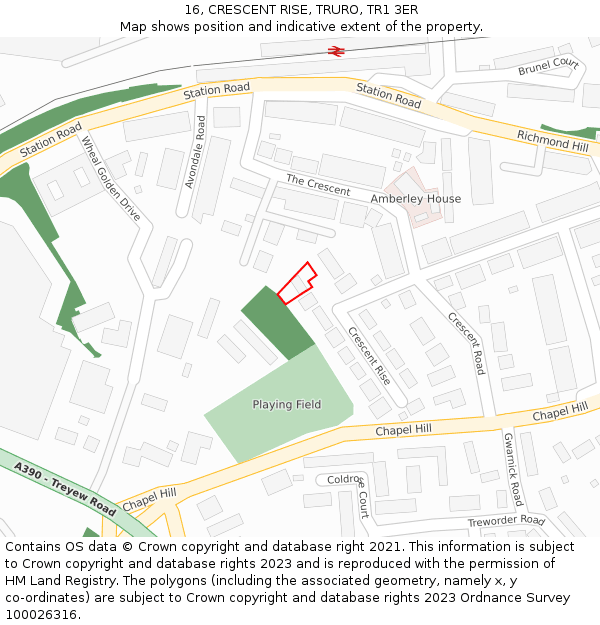 16, CRESCENT RISE, TRURO, TR1 3ER: Location map and indicative extent of plot