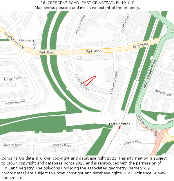 16, CRESCENT ROAD, EAST GRINSTEAD, RH19 1HP: Location map and indicative extent of plot