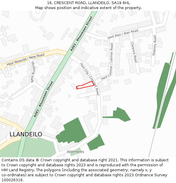 16, CRESCENT ROAD, LLANDEILO, SA19 6HL: Location map and indicative extent of plot