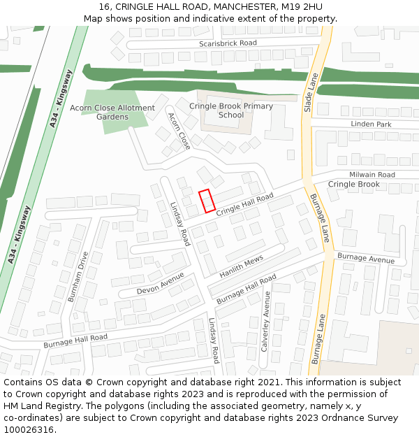 16, CRINGLE HALL ROAD, MANCHESTER, M19 2HU: Location map and indicative extent of plot
