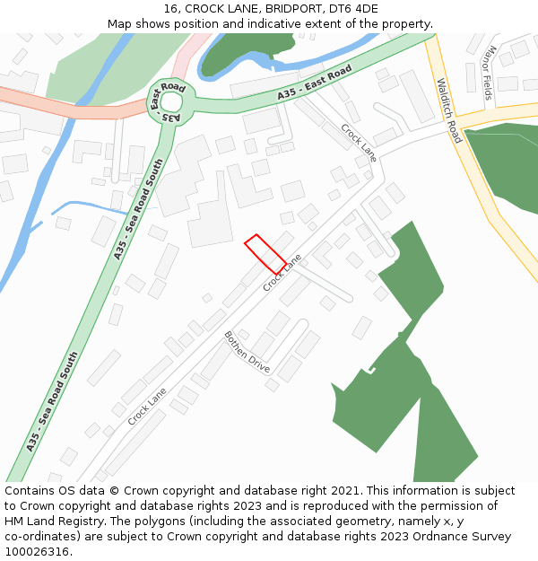 16, CROCK LANE, BRIDPORT, DT6 4DE: Location map and indicative extent of plot