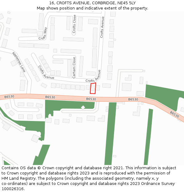 16, CROFTS AVENUE, CORBRIDGE, NE45 5LY: Location map and indicative extent of plot