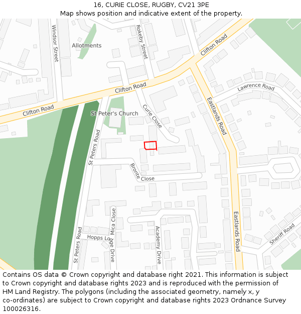 16, CURIE CLOSE, RUGBY, CV21 3PE: Location map and indicative extent of plot