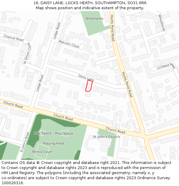 16, DAISY LANE, LOCKS HEATH, SOUTHAMPTON, SO31 6RA: Location map and indicative extent of plot