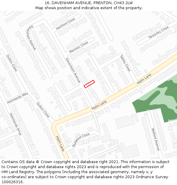 16, DAVENHAM AVENUE, PRENTON, CH43 2LW: Location map and indicative extent of plot