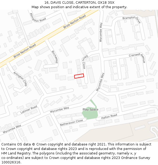 16, DAVIS CLOSE, CARTERTON, OX18 3SX: Location map and indicative extent of plot