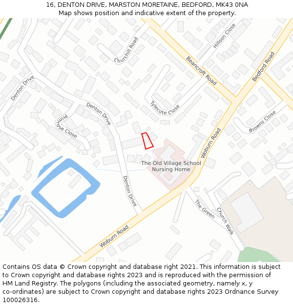 16, DENTON DRIVE, MARSTON MORETAINE, BEDFORD, MK43 0NA: Location map and indicative extent of plot