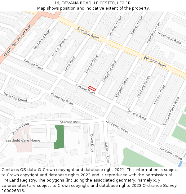 16, DEVANA ROAD, LEICESTER, LE2 1PL: Location map and indicative extent of plot