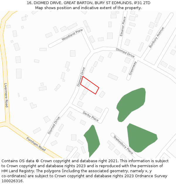 16, DIOMED DRIVE, GREAT BARTON, BURY ST EDMUNDS, IP31 2TD: Location map and indicative extent of plot