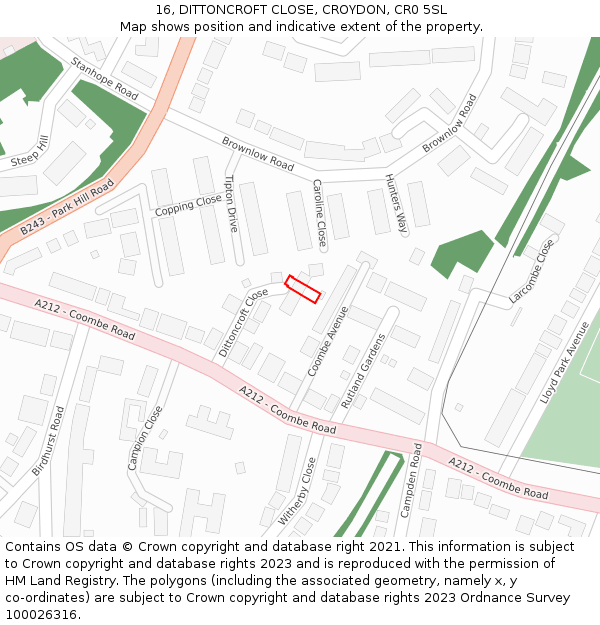 16, DITTONCROFT CLOSE, CROYDON, CR0 5SL: Location map and indicative extent of plot