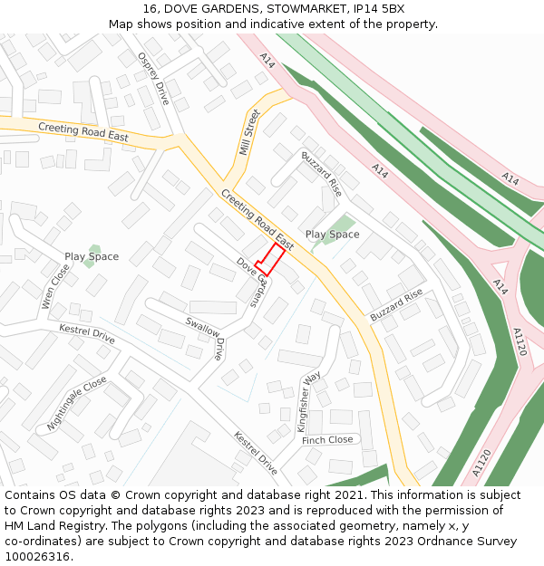 16, DOVE GARDENS, STOWMARKET, IP14 5BX: Location map and indicative extent of plot