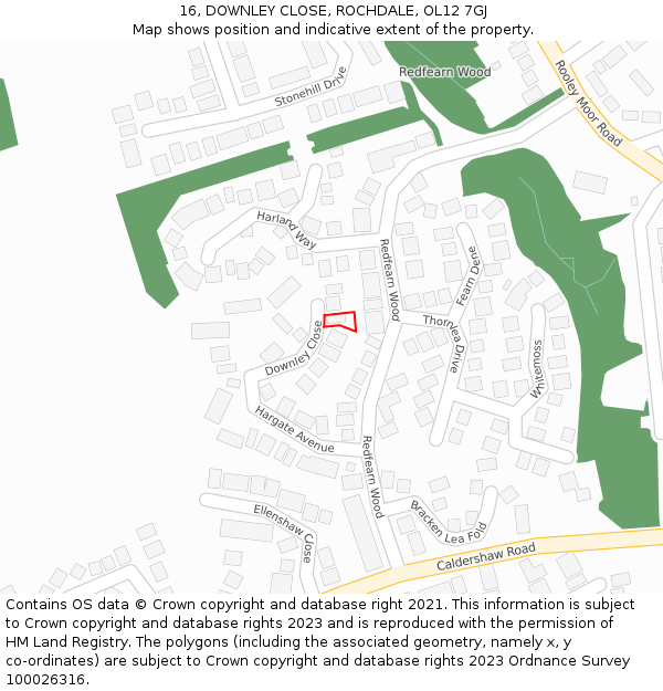16, DOWNLEY CLOSE, ROCHDALE, OL12 7GJ: Location map and indicative extent of plot