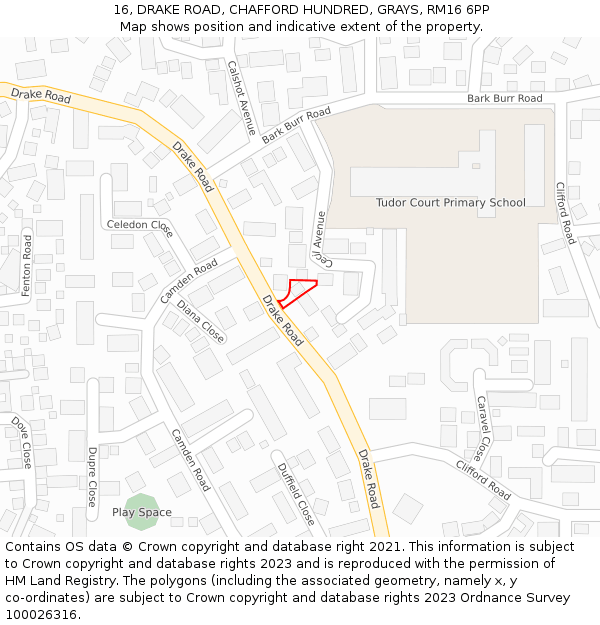 16, DRAKE ROAD, CHAFFORD HUNDRED, GRAYS, RM16 6PP: Location map and indicative extent of plot