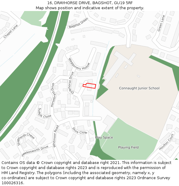 16, DRAYHORSE DRIVE, BAGSHOT, GU19 5RF: Location map and indicative extent of plot