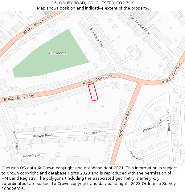 16, DRURY ROAD, COLCHESTER, CO2 7UX: Location map and indicative extent of plot